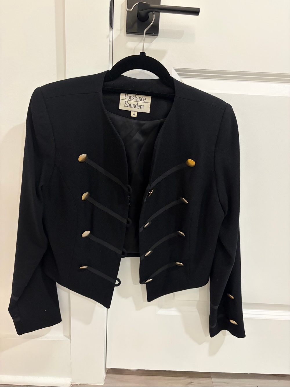 Vintage Constance Saunders Black Gold Military Cropped Blazer Jacket Sz 4